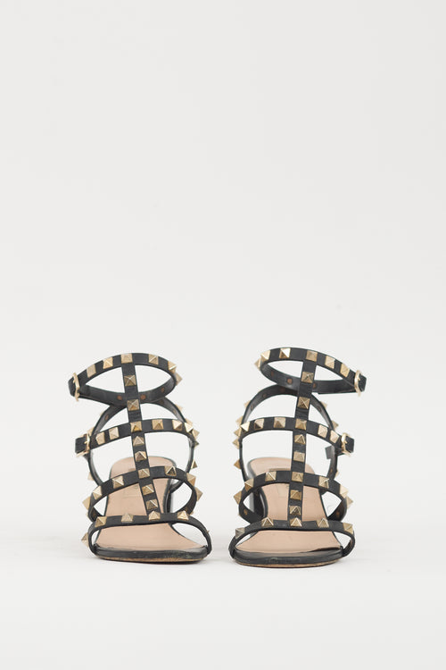 Valentino Black & Gold Leather Rockstud Sandal