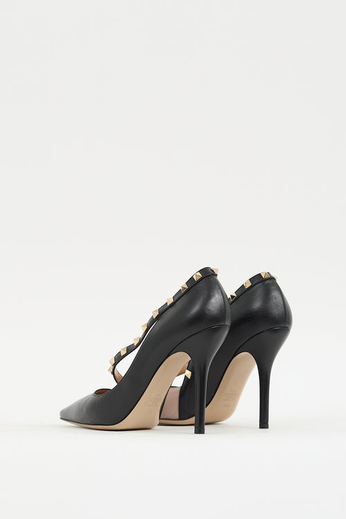 Valentino Black Leather Cross Strap Rockstud Pump