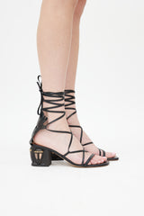 Valentino Black Leather Lace Up Mask Heel