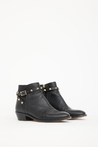 Valentino Black Leather Rockstud Ankle Boot