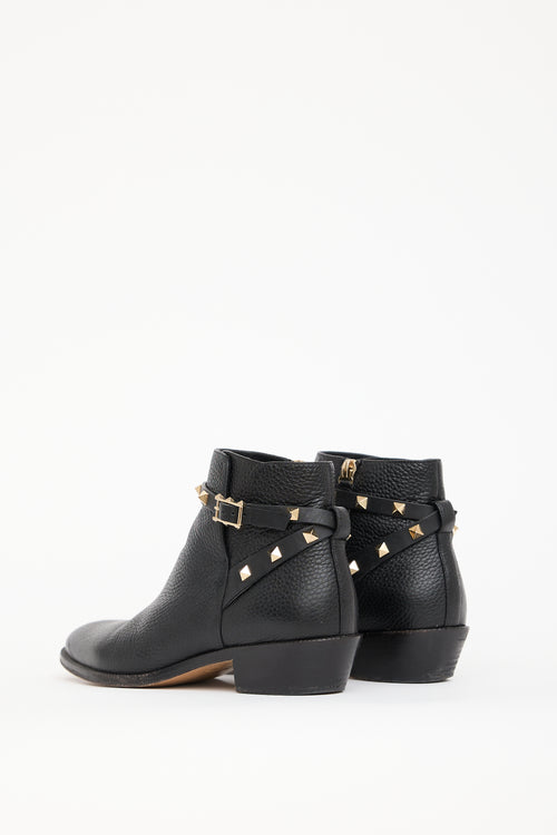 Valentino Black Leather Rockstud Ankle Boot