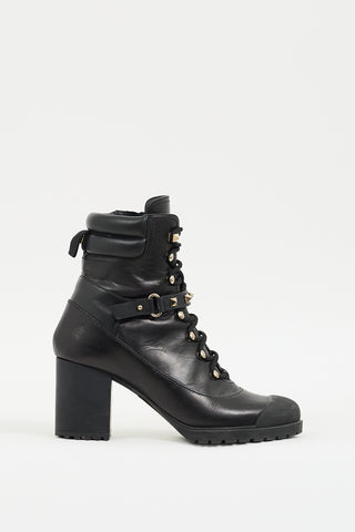 Valentino Black Leather Rockstud Heeled Combat Boot