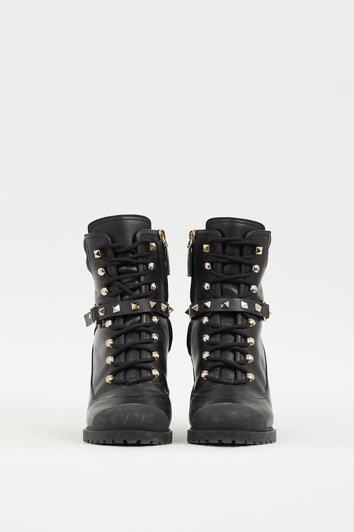 Valentino Black Leather Rockstud Heeled Combat Boot