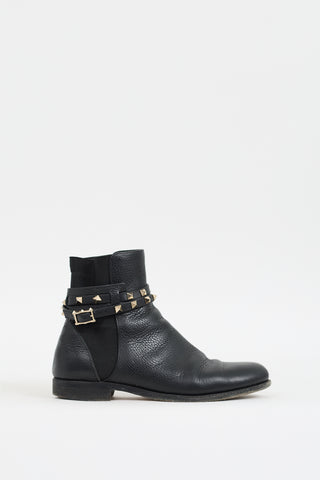 Valentino Black Leather Rockstud Wraparound Chelsea Boot