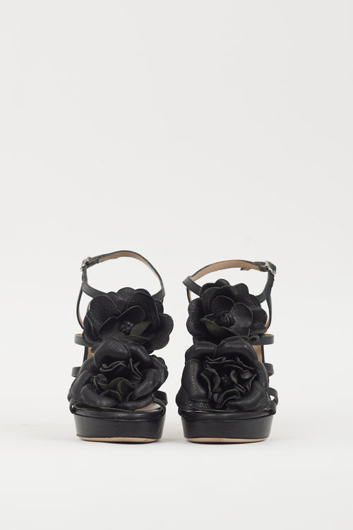 Valentino Black Leather Floral Sandal