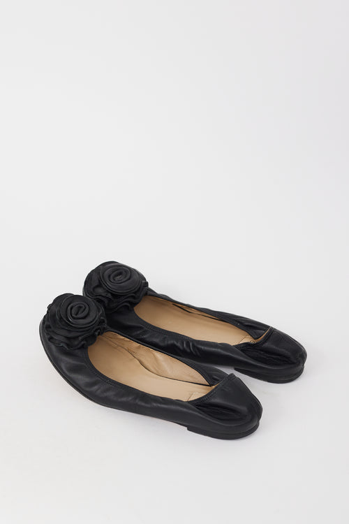 Valentino Black Leather Flower Toe Ballet Flat