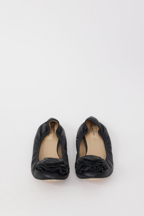 Valentino Black Leather Flower Toe Ballet Flat