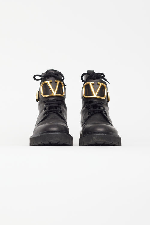 Valentino Black Leather VLogo Combat Boot
