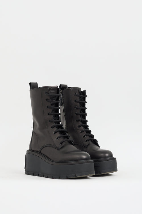 Valentino Black Leather VLOGO Uniqueform Platform Combat Boot