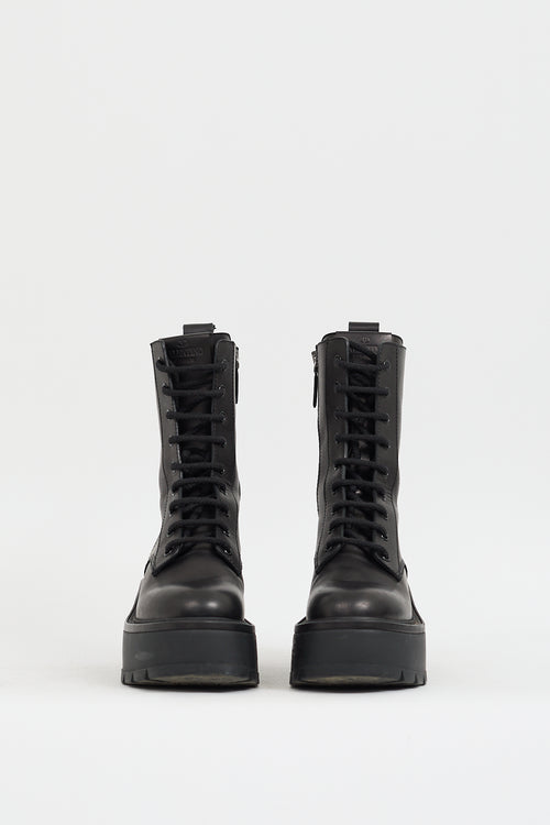 Valentino Black Leather VLOGO Uniqueform Platform Combat Boot