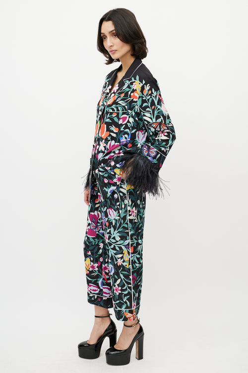 Valentino Black & Multi Silk Floral & Feather Set
