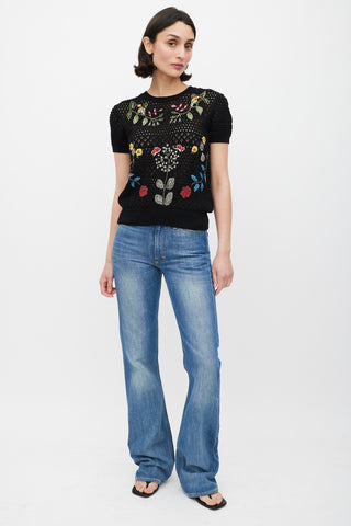 Valentino Black & Mulicolour Crochet Floral Embroidered Top