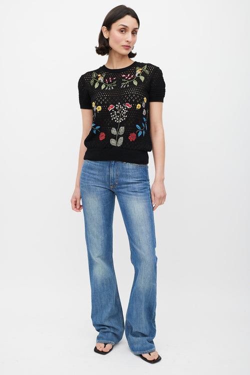 Valentino Black & Mulicolour Crochet Floral Embroidered Top