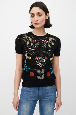 Valentino Black & Mulicolour Crochet Floral Embroidered Top