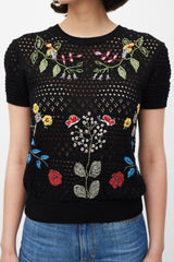 Valentino Black & Mulicolour Crochet Floral Embroidered Top