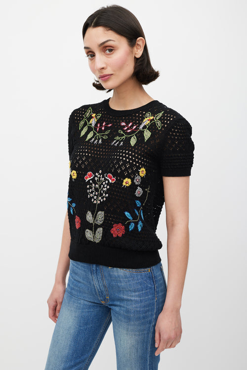 Valentino Black & Mulicolour Crochet Floral Embroidered Top