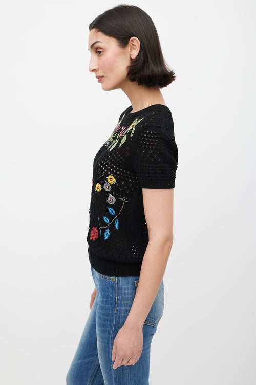Valentino Black & Mulicolour Crochet Floral Embroidered Top