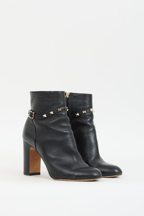 Black Leather & Gold Rockstud Boot