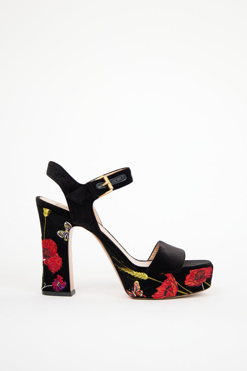 Valentino Black & Red Velvet Poppy Heeled Sandal
