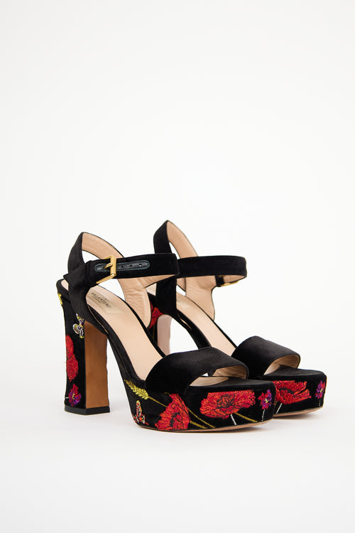 Valentino Black & Red Velvet Poppy Heeled Sandal