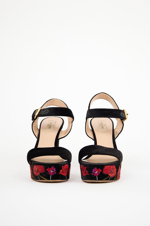 Valentino Black & Red Velvet Poppy Heeled Sandal