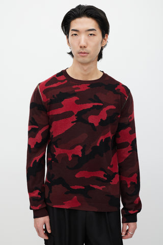 Valentino Black & Red Wool Knit Camo Sweater