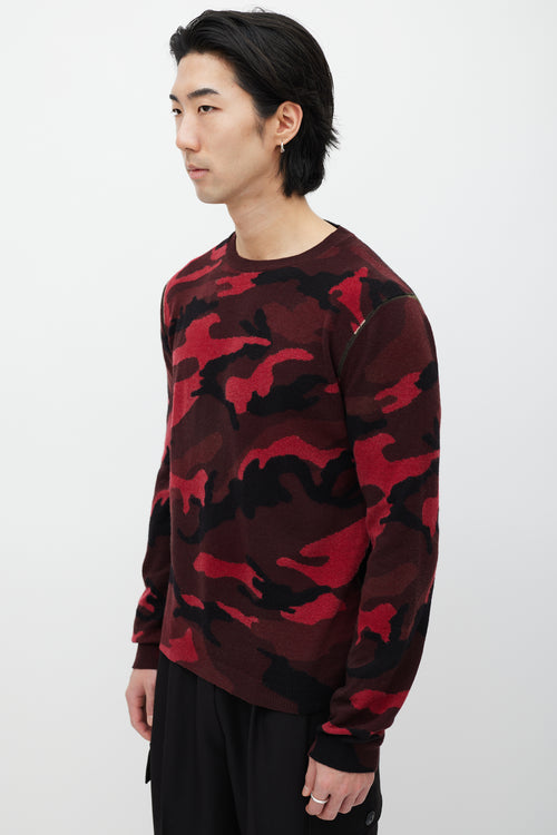 Valentino Black & Red Wool Knit Camo Sweater