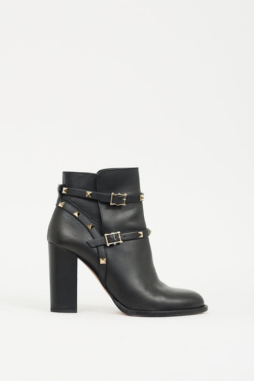 Valentino Black & Gold Leather Rockstud Ankle Boot