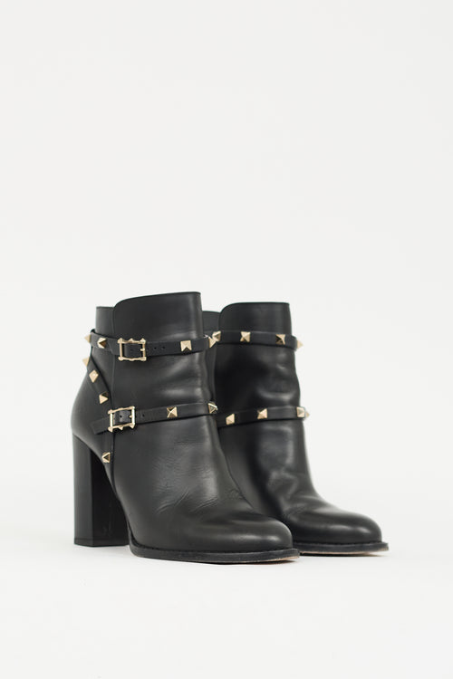 Valentino Black & Gold Leather Rockstud Ankle Boot