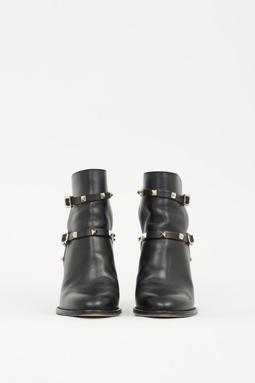 Valentino Black & Gold Leather Rockstud Ankle Boot