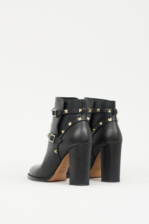 Valentino Black & Gold Leather Rockstud Ankle Boot