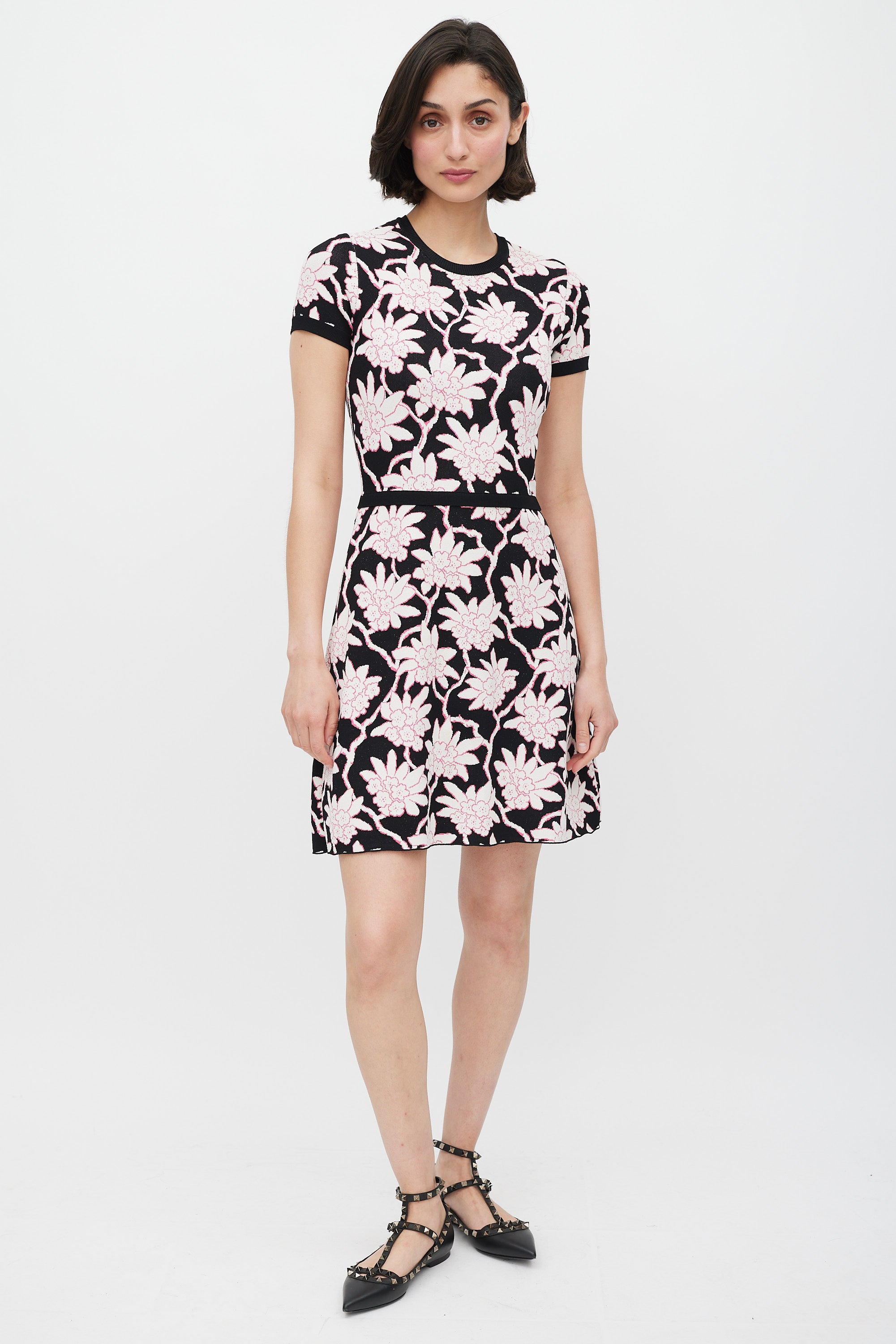 Valentino // Black White & Pink Floral Knit Dress VSP Consignment Valentino // Black White & Pink Floral Knit Dress VSP Consignment