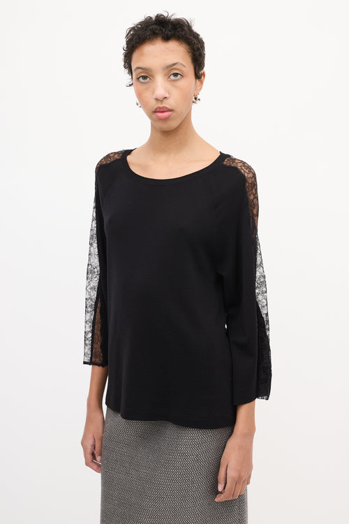 Valentino Black Wool Floral Lace Panel Sweater