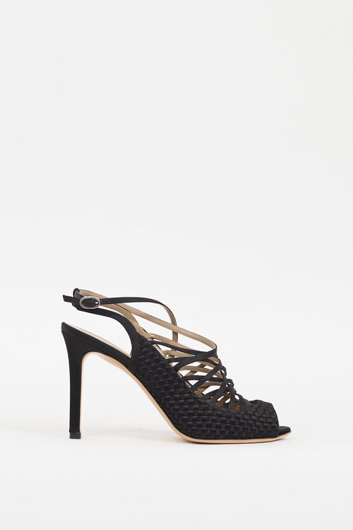 Valentino Black Satin Woven & Strappy Caged Heel