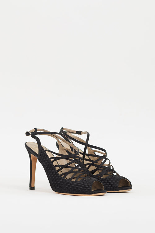 Valentino Black Satin Woven & Strappy Caged Heel