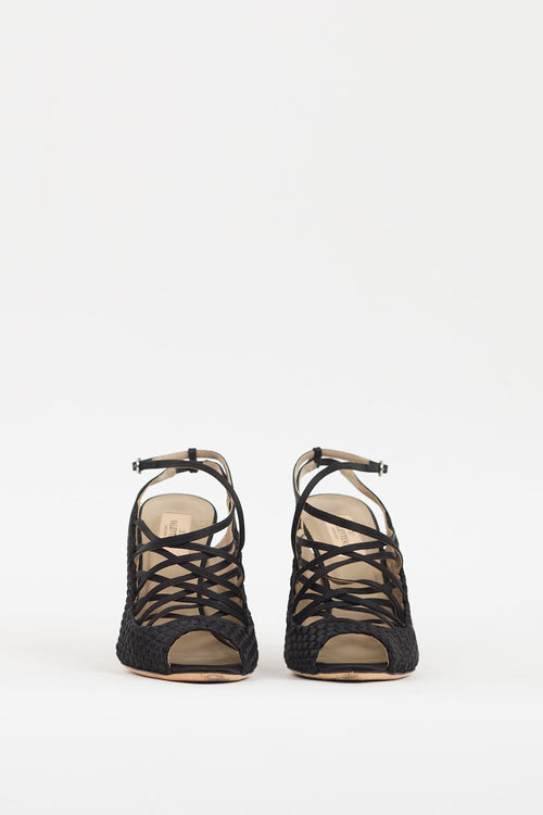 Valentino Black Satin Woven & Strappy Caged Heel