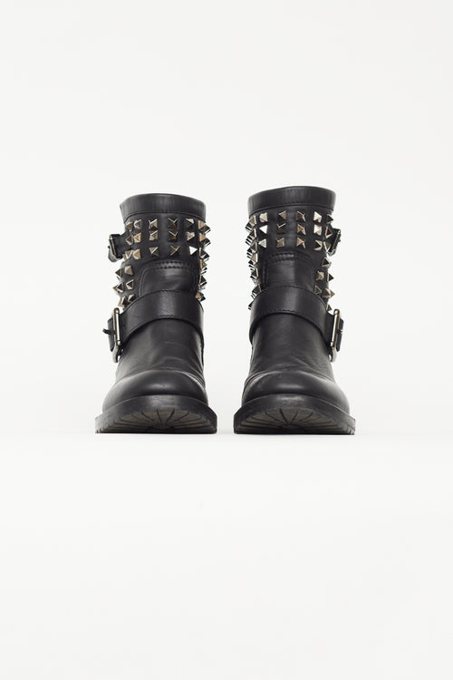 Valentino Black Leather Rockstud Moto Ankle Boot