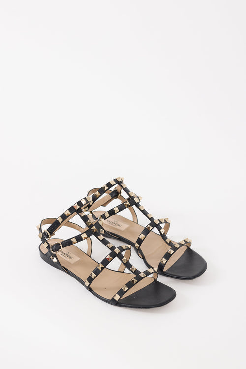 Valentino Black & Gold Rockstud Caged Sandal