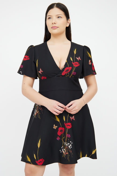 Valentino Black Floral Short Sleeve  Dress