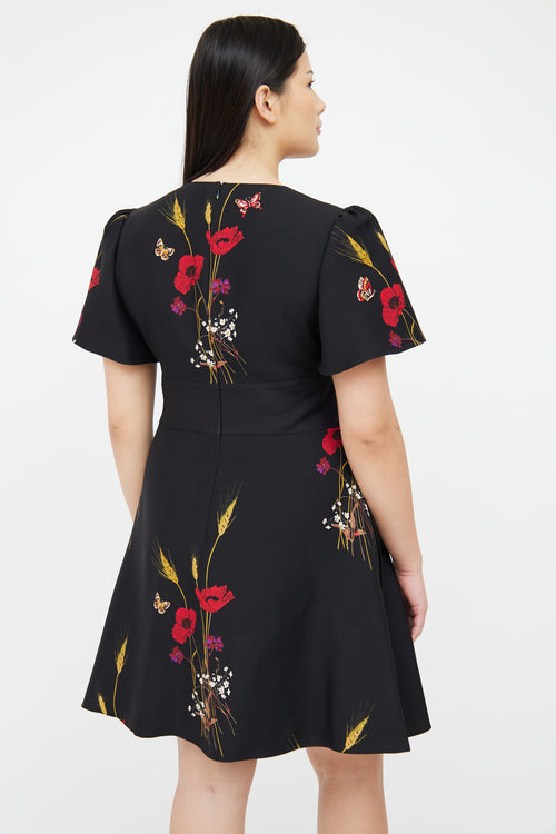 Valentino Black Floral Short Sleeve  Dress