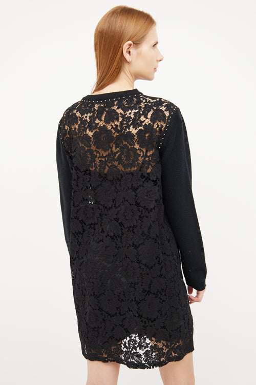 Valentino Black Knit Lace Panel  Dress