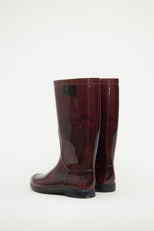 Valentino Black & Burgundy Lace Print Rain Boot