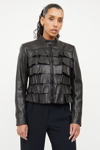 Valentino Black Leather Ruffled Jacket