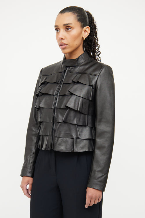 Valentino Black Leather Ruffled Jacket