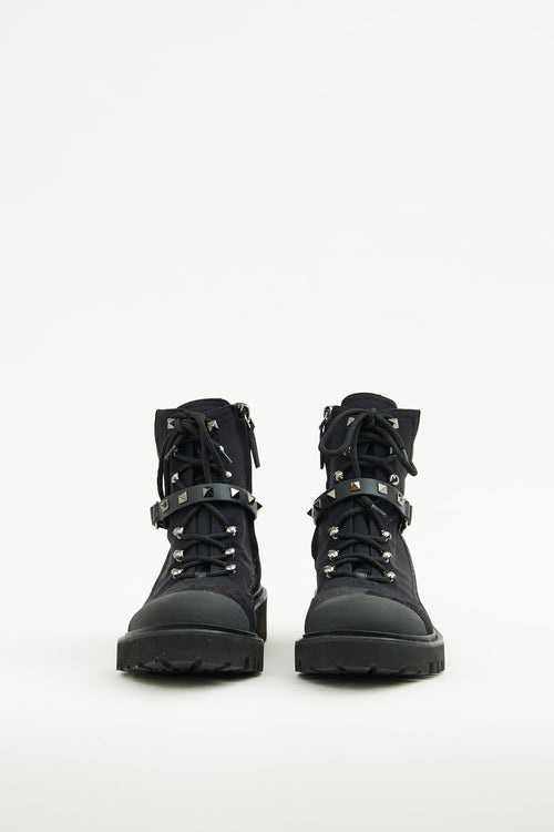 Valentino Black Suede Rockstud Combat Boot