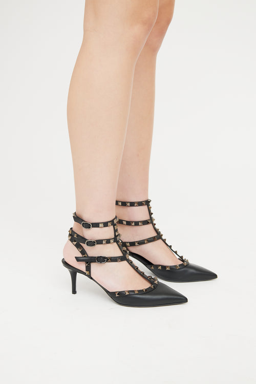 Valentino Black Leather Rockstud Cage Heel