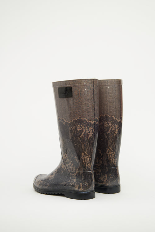 Valentino Black & Beige Lace Print Rain Boot