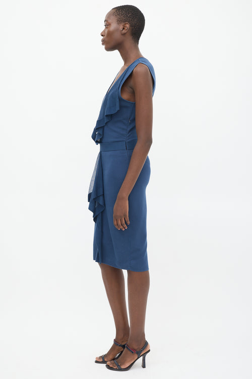 Valentino Blue Sleeveless Draped V-Neck Midi Dress