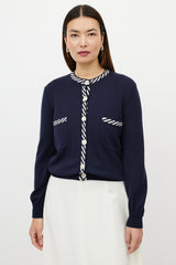 Valentino Blue & White Two Pocket Striped Trim Cardigan