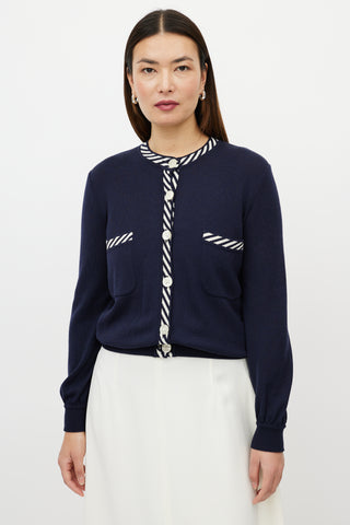 Valentino Blue & White Two Pocket Striped Trim Cardigan